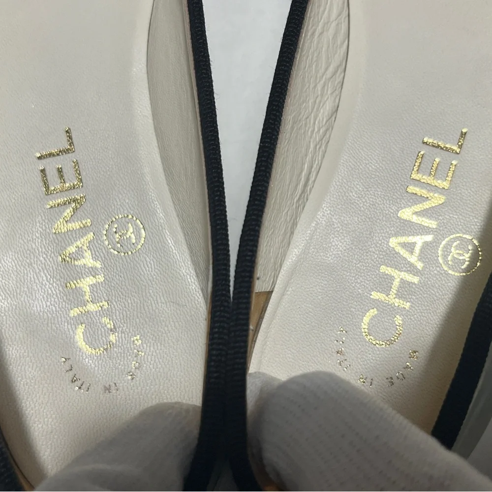 CHANEL Iridescent Ballet Flats with Black Cap Toe